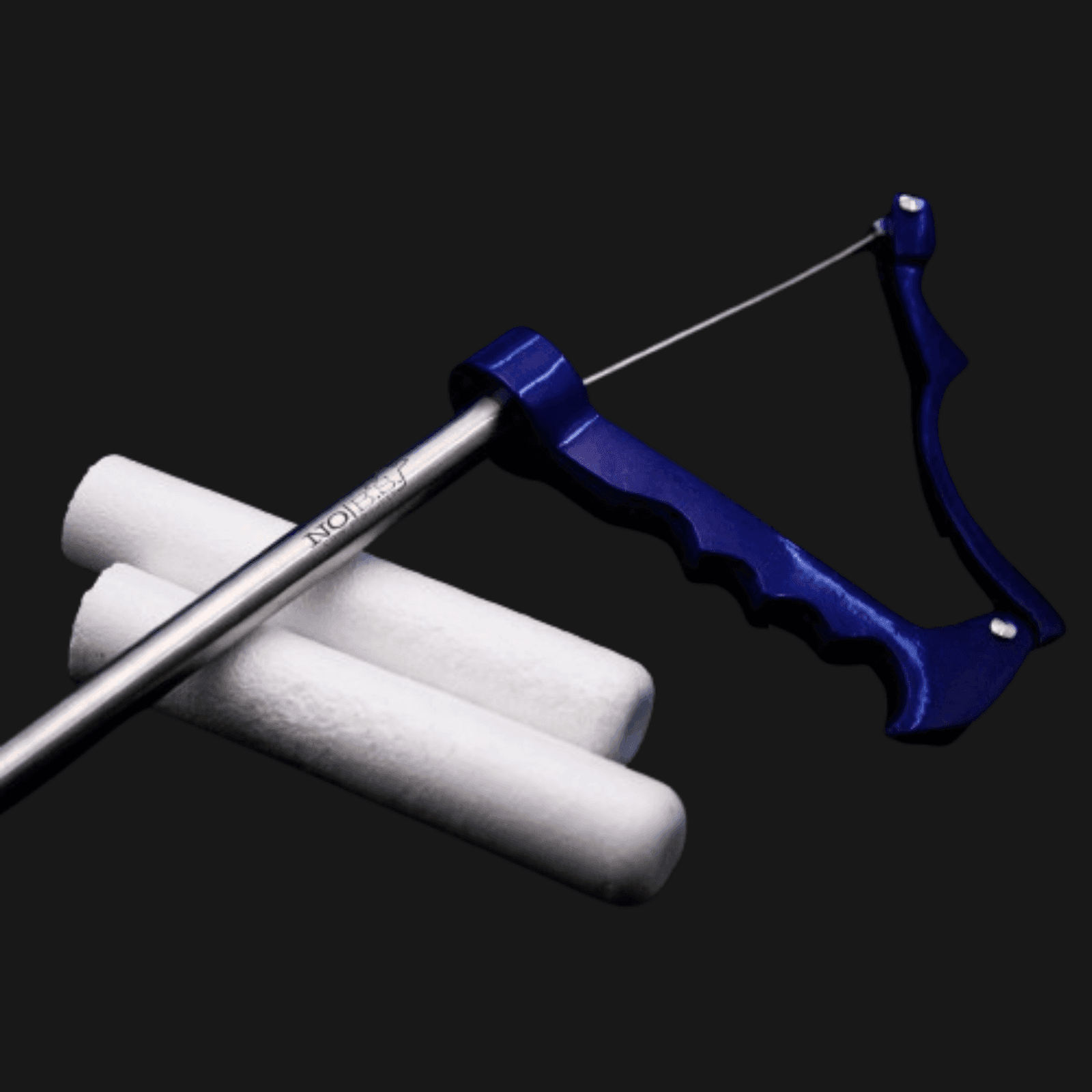 Stainless steel bolus applicator gun with a blue handle, alongside two boluses.